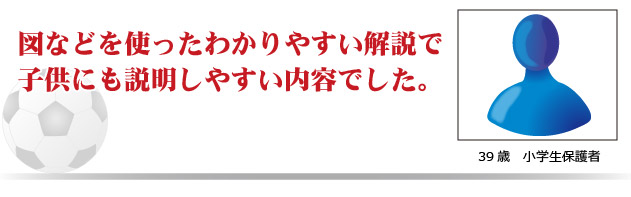 図などを使ったわかりやすい解説で子供にも説明しやすい内容でした。　39歳　小学生保護者