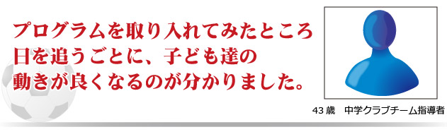 プログラムを取り入れてみたところ日を追うごとに。子供達の動きが良くなるのが分かりました。　43歳　中学クラブチーム指導者